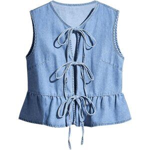 Women's Denim Vest Light Wash Sleeveless Peplum V Neck Ruffle Hem Top